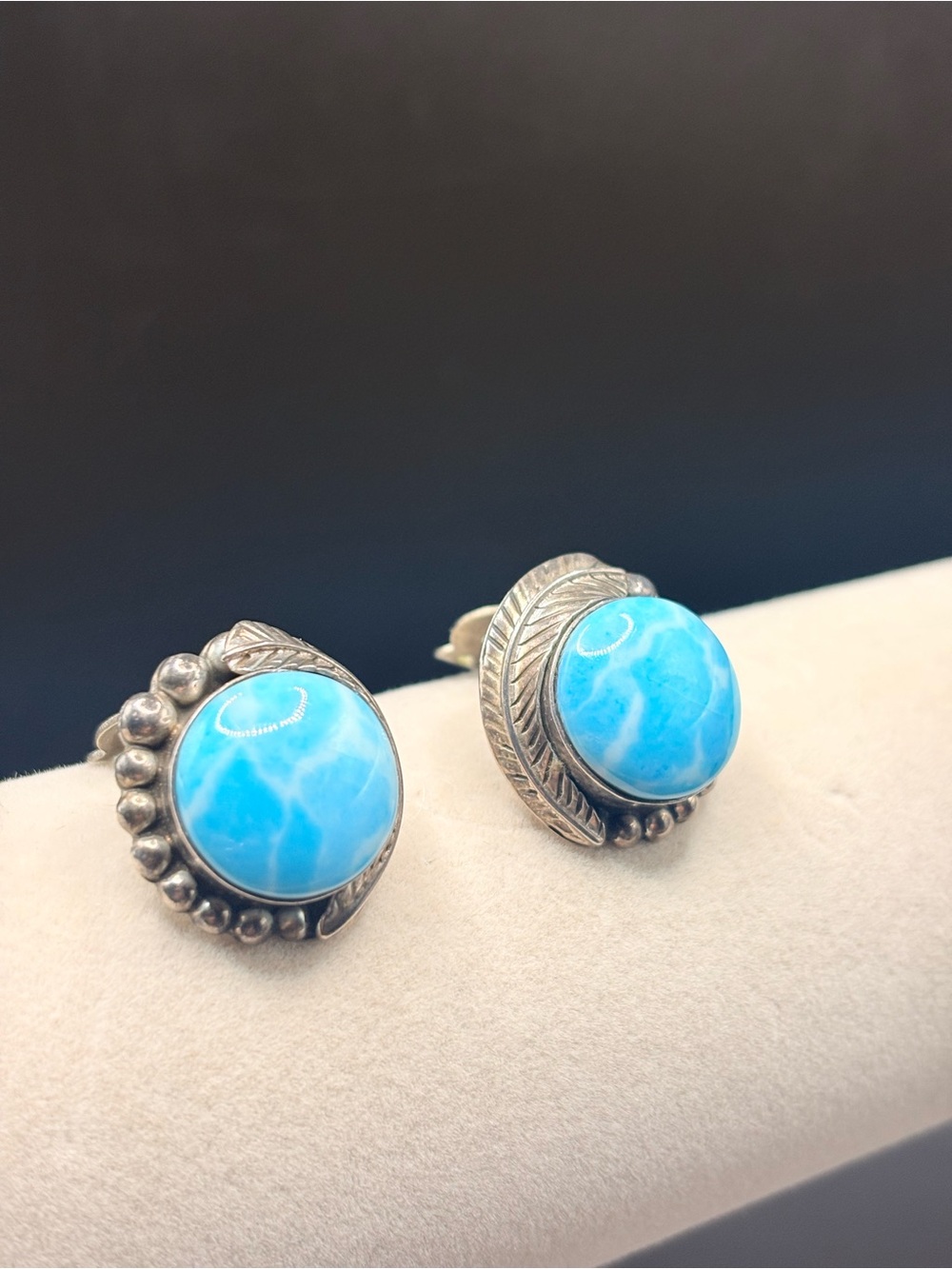 Mexico 925 Sterling Silver Larimar Leaf Clip On Earrings Artisan Vintage